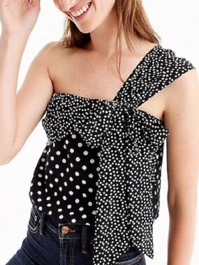 J. Crew Black and White Polka Dot One-Shoulder Tie Camisole
